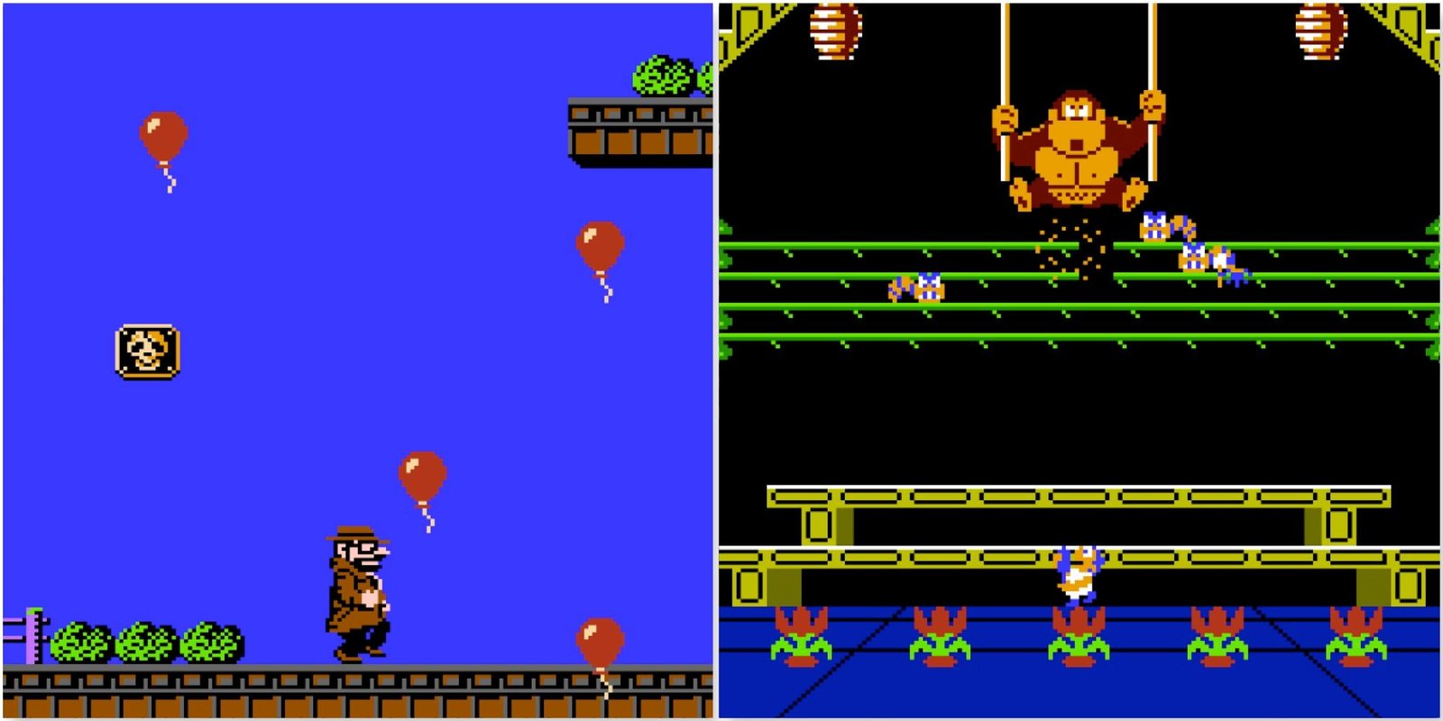 Playing a level in Gumshoe and Fighting Donkey Kong in Donkey Kong 3